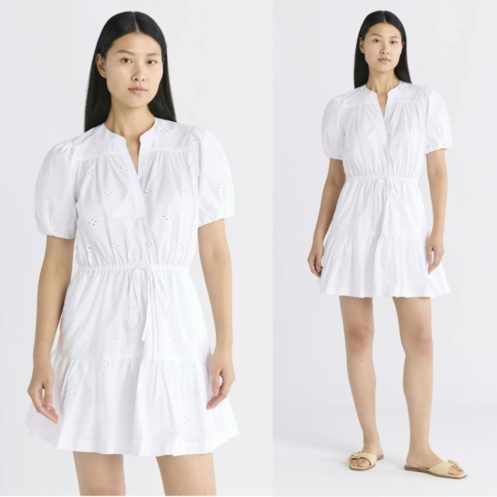 NWT Free Assembly Women’s Cotton Eyelet Tiered Mini Dress Puff Sleeves White L